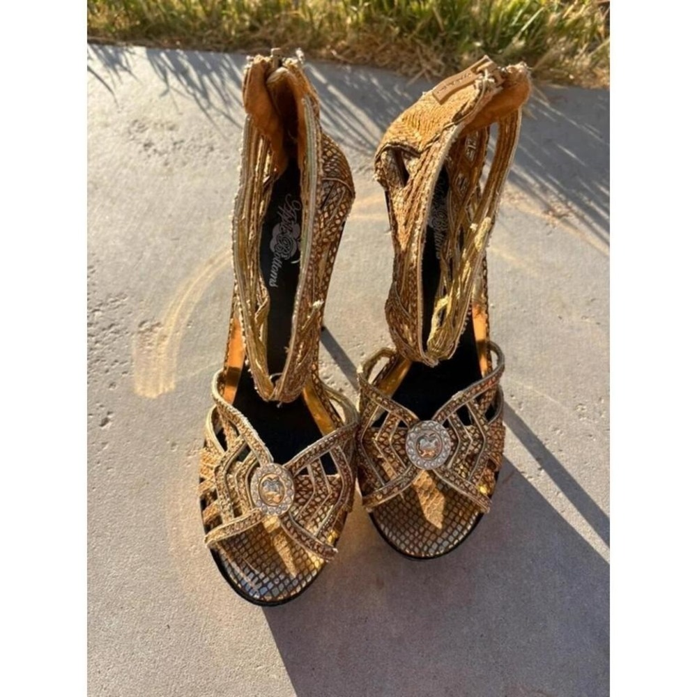 Y2K Baddie Apple Bottom Heels Gold Caged Stiletto Rhinestone Bling Size 8 1/2 - Picture 6 of 6